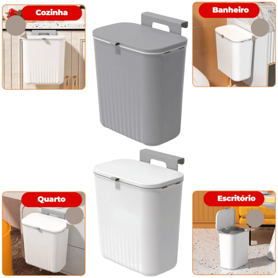 Lixeira Suspensa 9 Litros Com Tampa E Suporte Alto De Adesivos E Alça De Pentura Para Cozinha E Banheiro