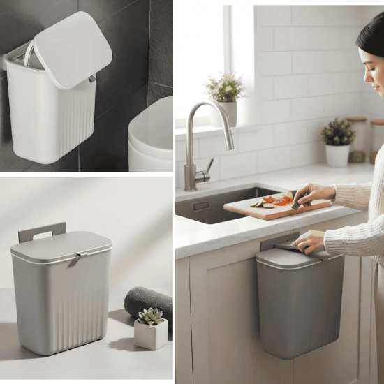 Lixeira Suspensa 9 Litros Com Tampa E Suporte Alto De Adesivos E Alça De Pentura Para Cozinha E Banheiro