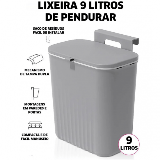 Lixeira Suspensa 9 Litros Com Tampa E Suporte Alto De Adesivos E Alça De Pentura Para Cozinha E Banheiro