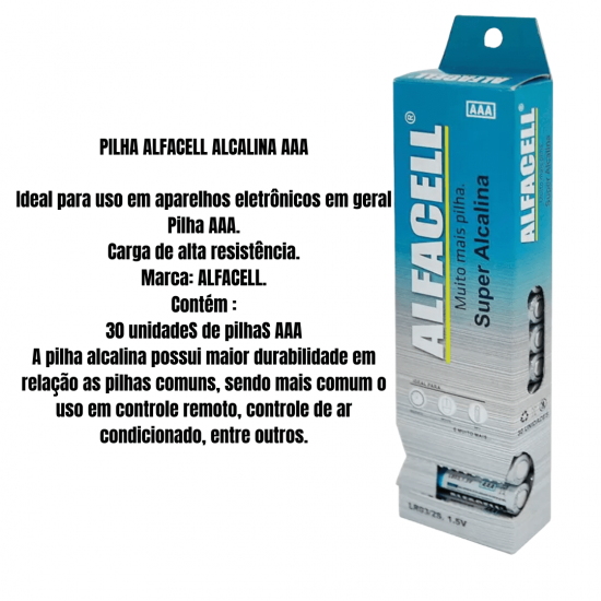 Pilha alcalina alfacell aaa com 30 pilhas com alta resistência