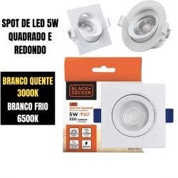 Luminária Led Spot 5W Redondo Quadrado Embutido Branco Frio Quente 3000k 6500k Bivolt BLACK + DECKER
