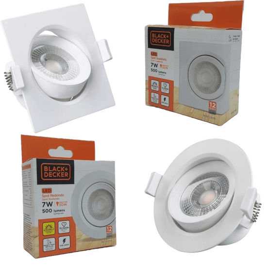 Luminária Led Spot 7W Redondo Quadrado Embutido Branco Frio Quente 3000k 6500k Bivolt BLACK + DECKER