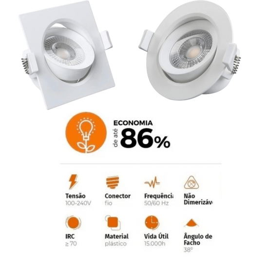 Luminária Led Spot 7W Redondo Quadrado Embutido Branco Frio Quente 3000k 6500k Bivolt BLACK + DECKER