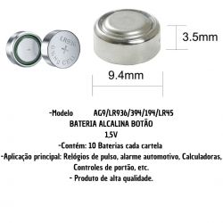 Bateria botão 394, 194 Lr936 Ag9 cartela c/ 10 un