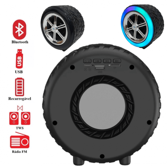 Caixa Som Roda Pneu Carro Portátil Bluetooth Potente Original Com Led Rgb