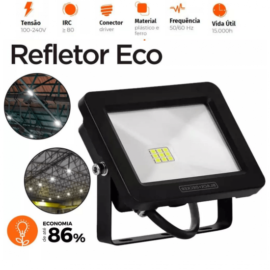 Refletor Led 10w/20w/30w/50w/ Bivolt Prova D'água black + decker