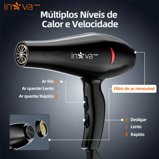 Secador de Cabelo Profissional Motor de Alta Fluxo de Ar 2 Velocidades 3 Temperaturas